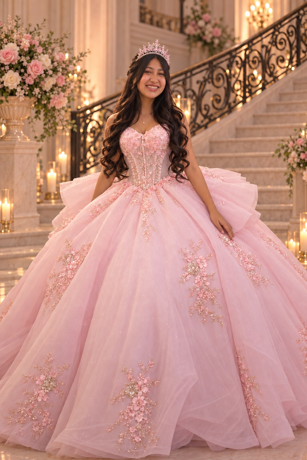 Yamilet smiling in a light pink dress and tiara